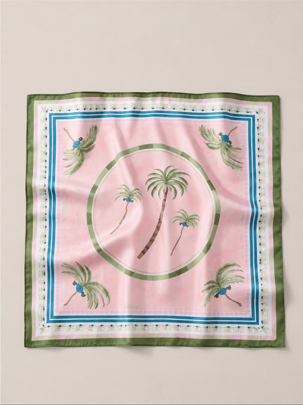 Palm Tree Print Pink Silky Scarf with Green Border